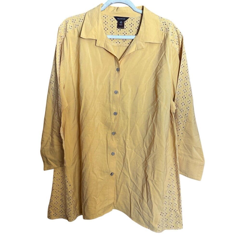 Multiples Tunic Top Womens 2X Yellow Eyelet Button Up Stretch Blouse